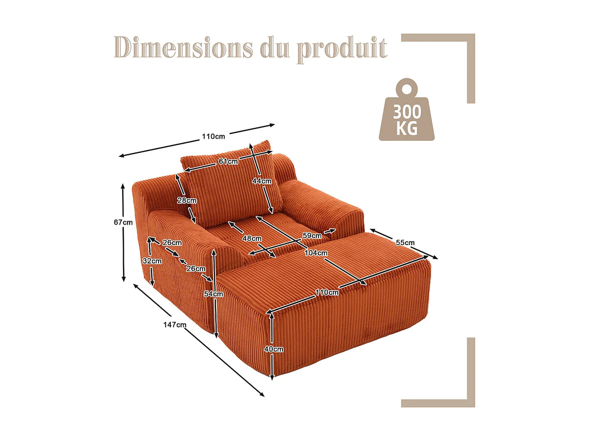 Fauteuil Compressé 1 place Orange en Velours côtelé - LVHOM
