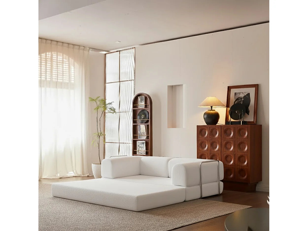 Canapé Compressé Convertible 2 places Blanc & Marron en Tissu - Kaia