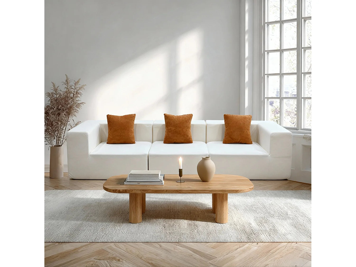 Canapé Compressé 3 places Blanc & orange en Flanelle - Pure