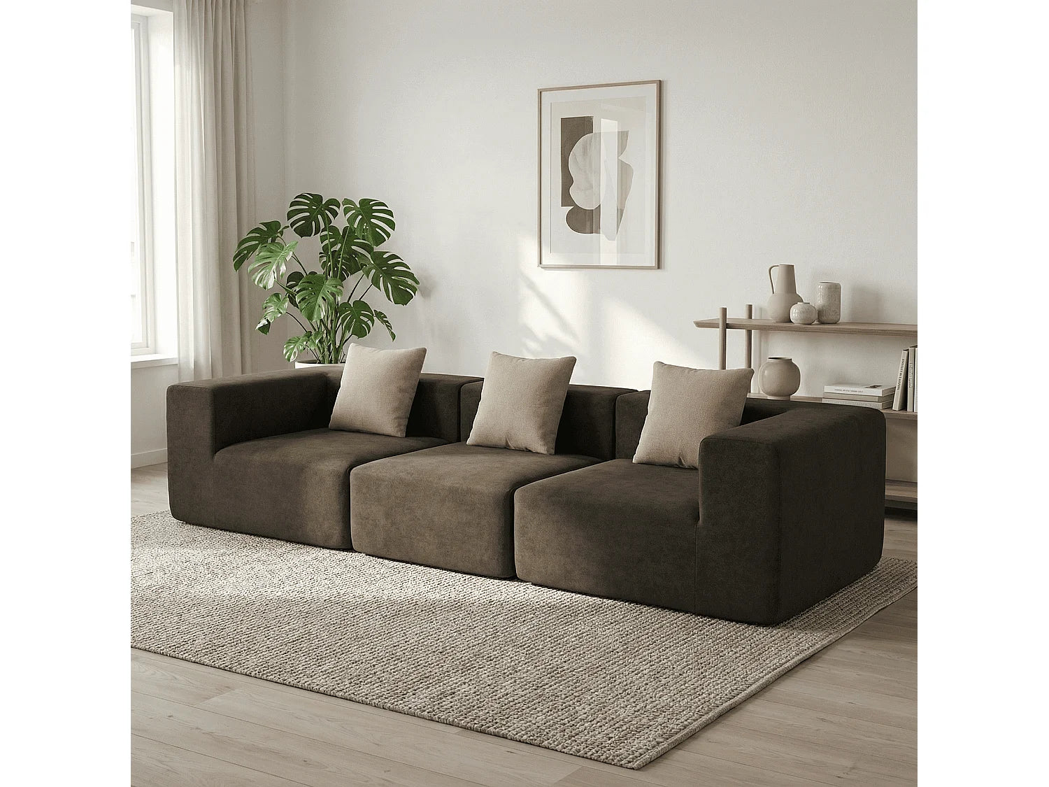 Canapé Compressé 3 places Chocolat & beige en Flanelle - Pure