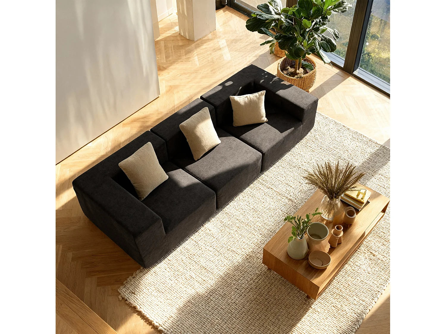 Canapé Compressé 3 places Chocolat & beige en Flanelle - Pure