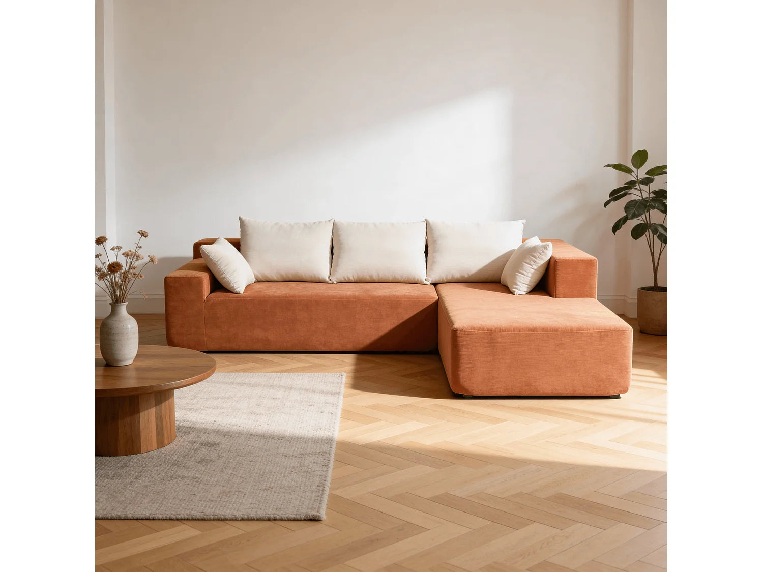 Canapé Compressé d'Angle 3 places Orange & Blanc en Tissu - Luna