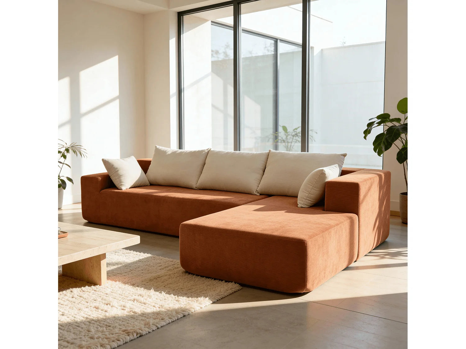 Canapé Compressé d'Angle 3 places Orange & Blanc en Tissu - Luna