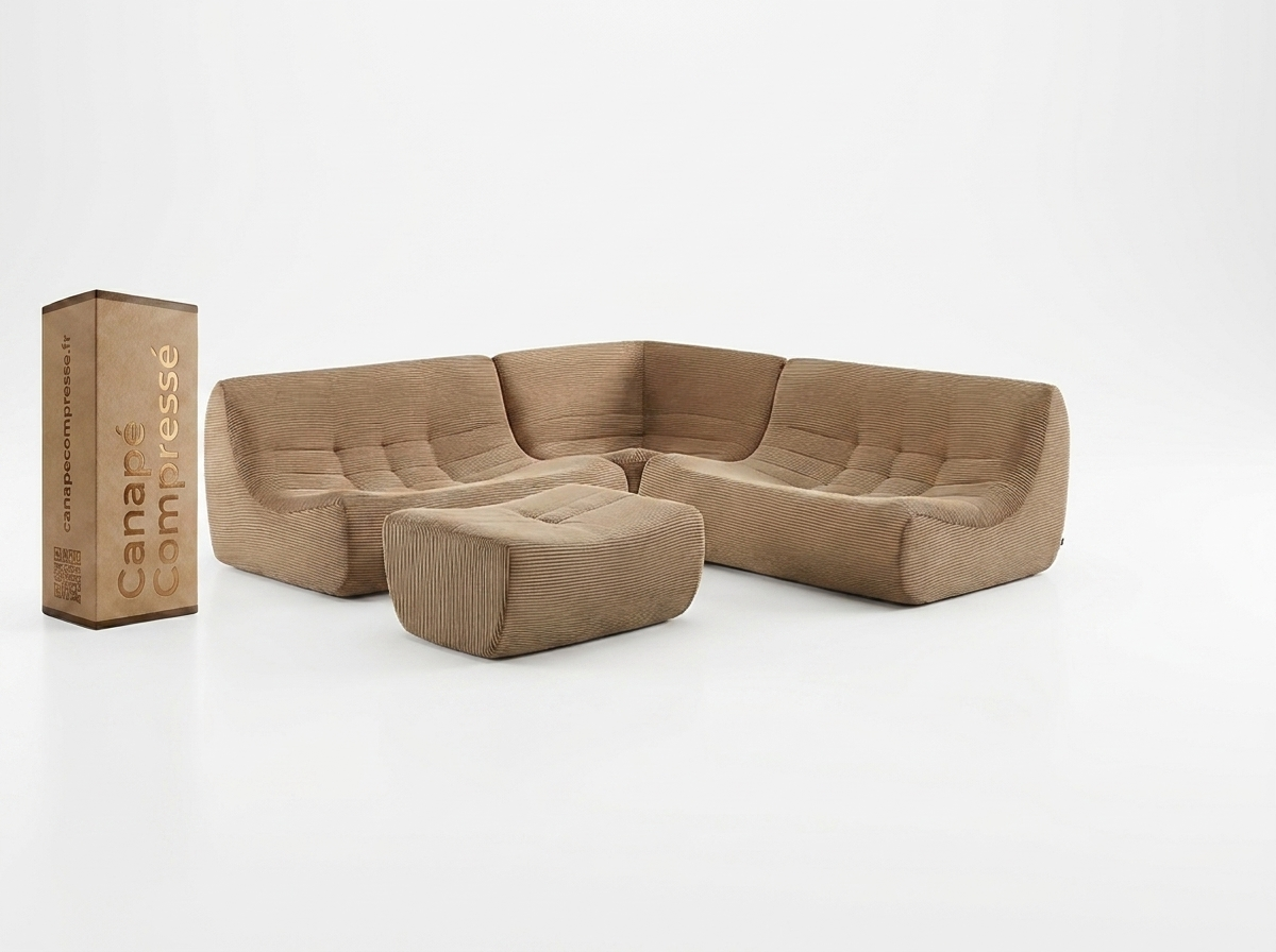 Canapé Compressé Togo d'Angle Modulable 5 places Beige en Velours côtelé - Sokol