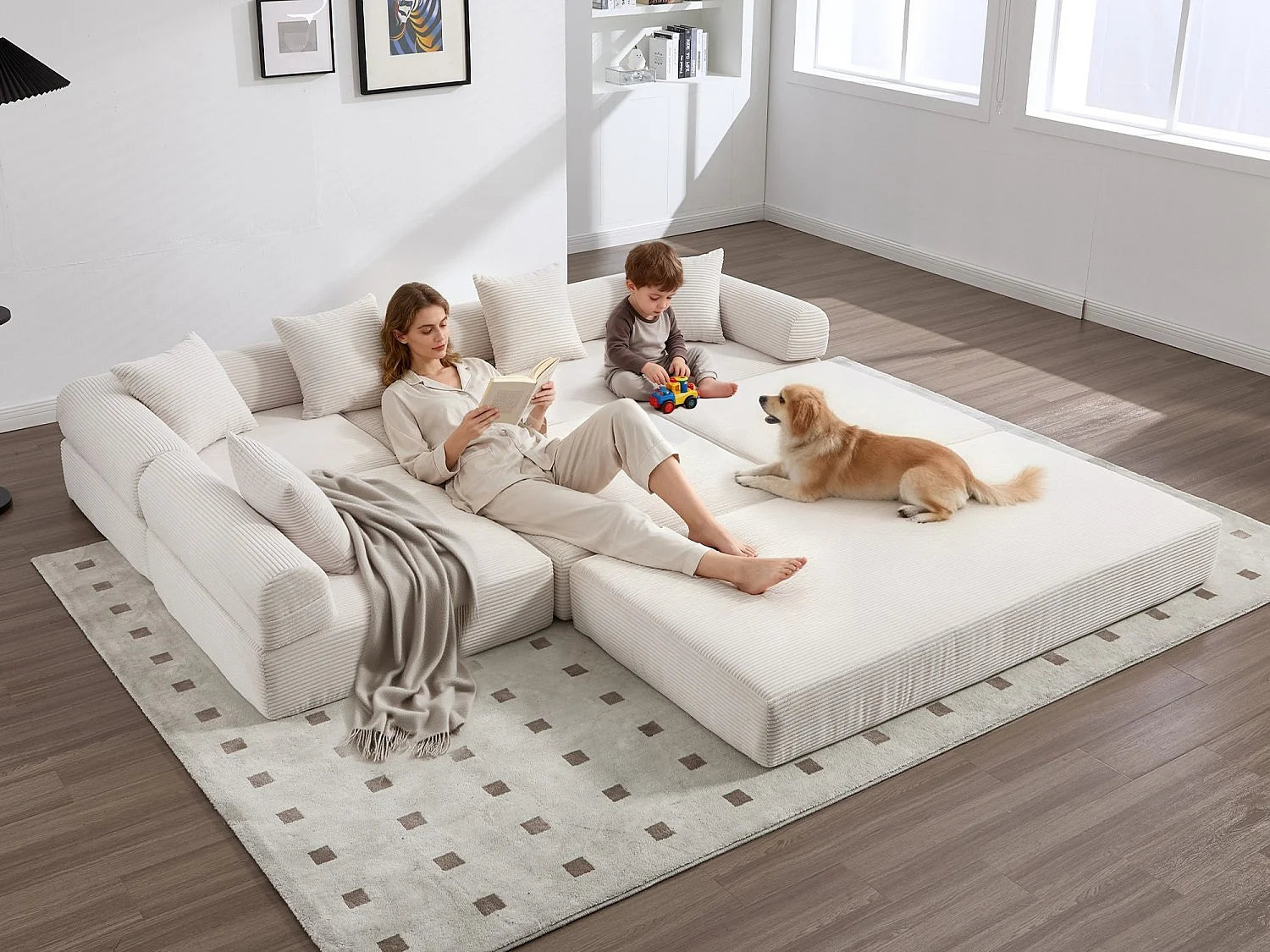 Canapé Compressé Modulable Convertible 5 places Gris en Tissu chenille - Kaleido