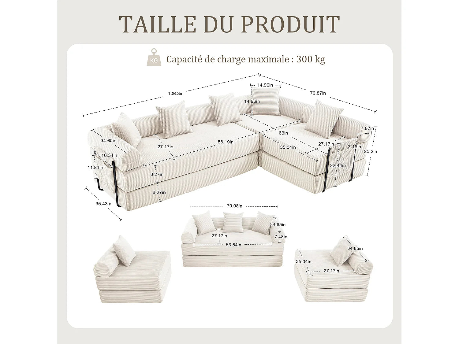 Canapé Compressé Modulable Convertible 5 places Gris en Tissu chenille - Kaleido