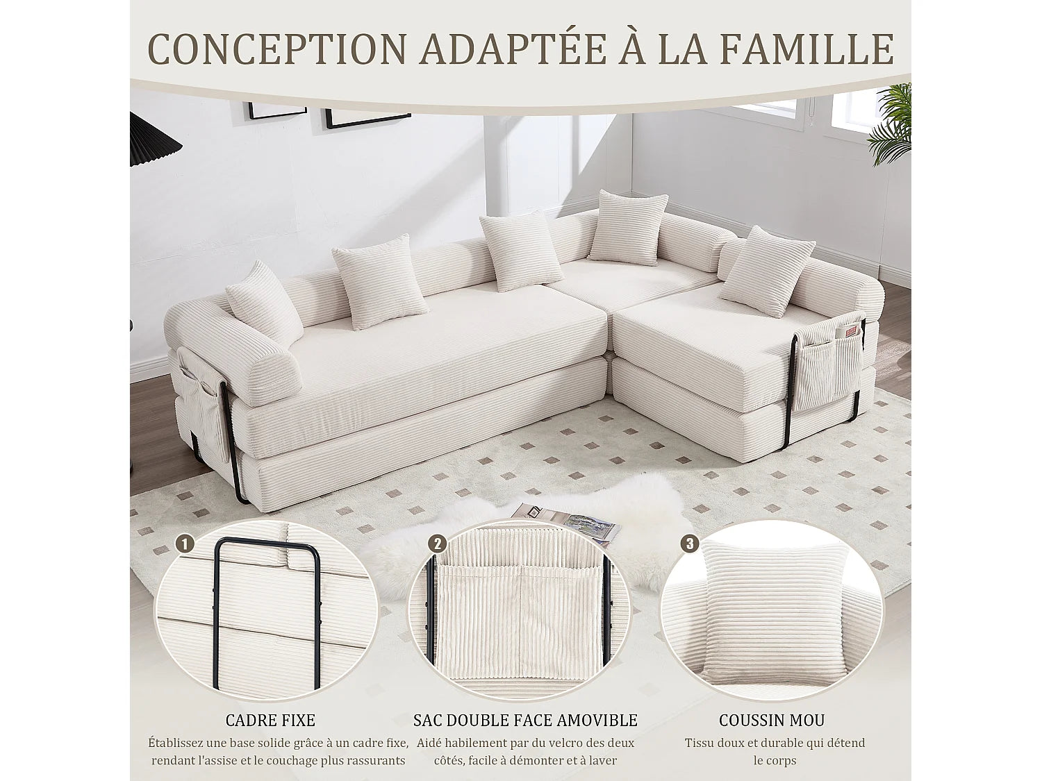 Canapé Compressé Modulable Convertible 5 places Gris en Tissu chenille - Kaleido