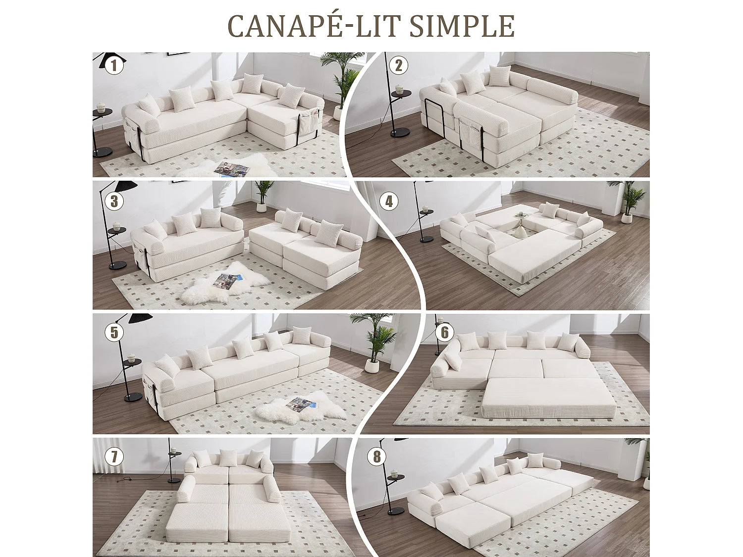 Canapé Compressé Modulable Convertible 5 places Gris en Tissu chenille - Kaleido