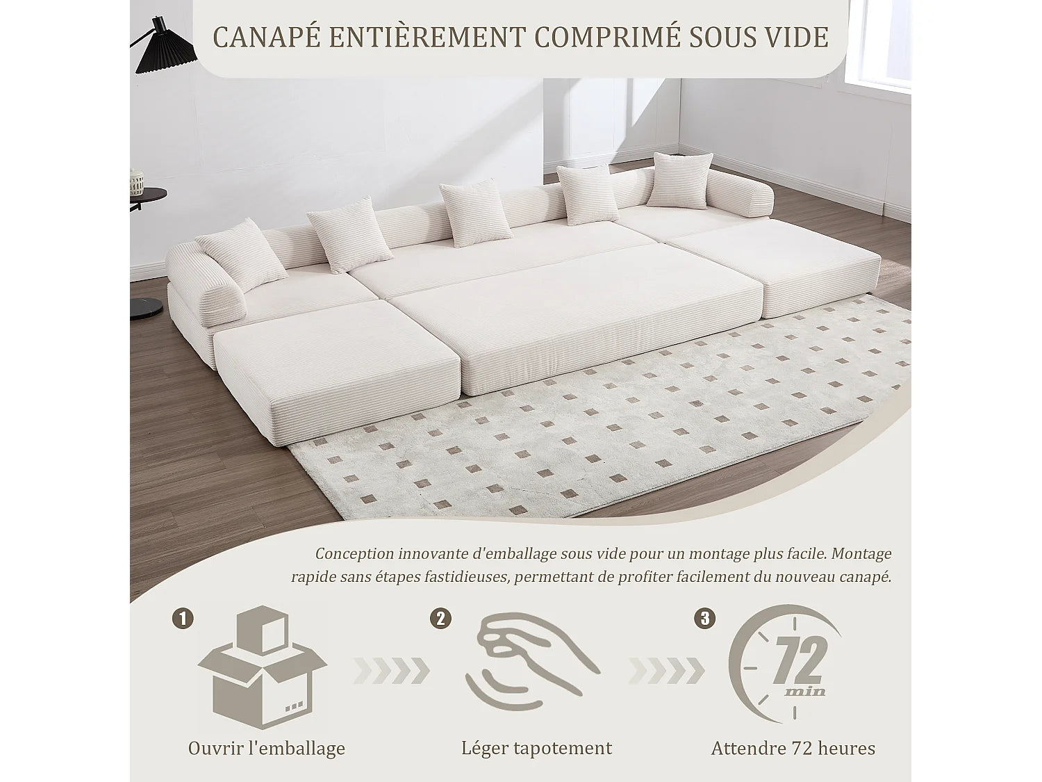 Canapé Compressé Modulable Convertible 5 places Gris en Tissu chenille - Kaleido