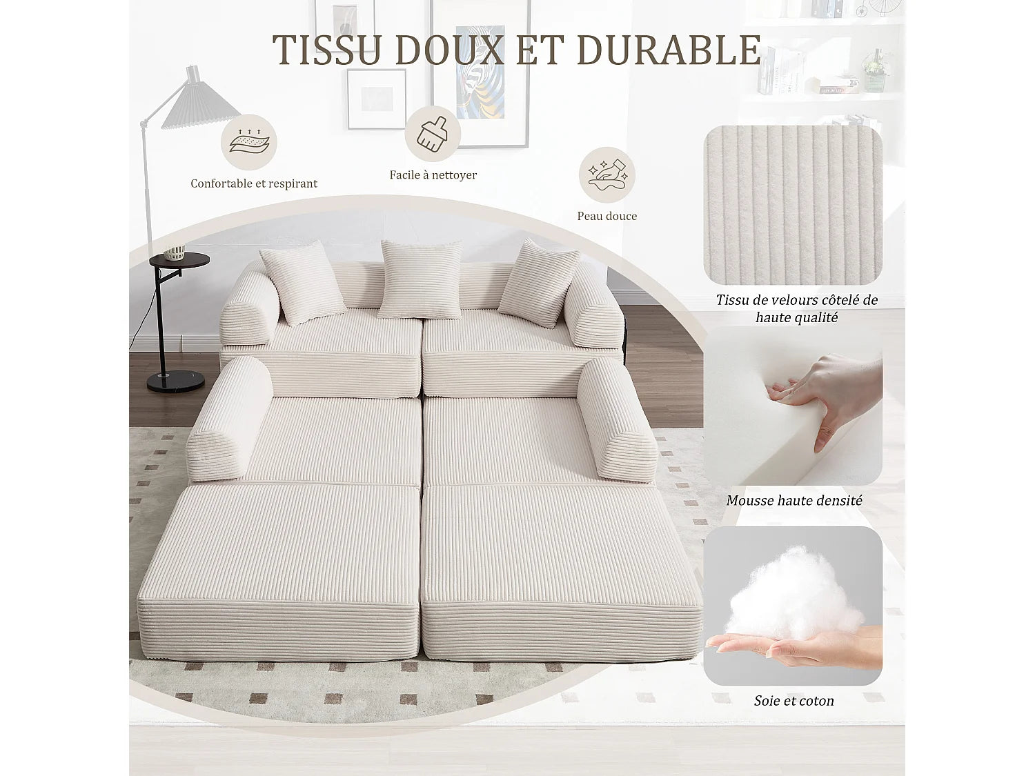 Canapé Compressé Modulable Convertible 5 places Gris en Tissu chenille - Kaleido