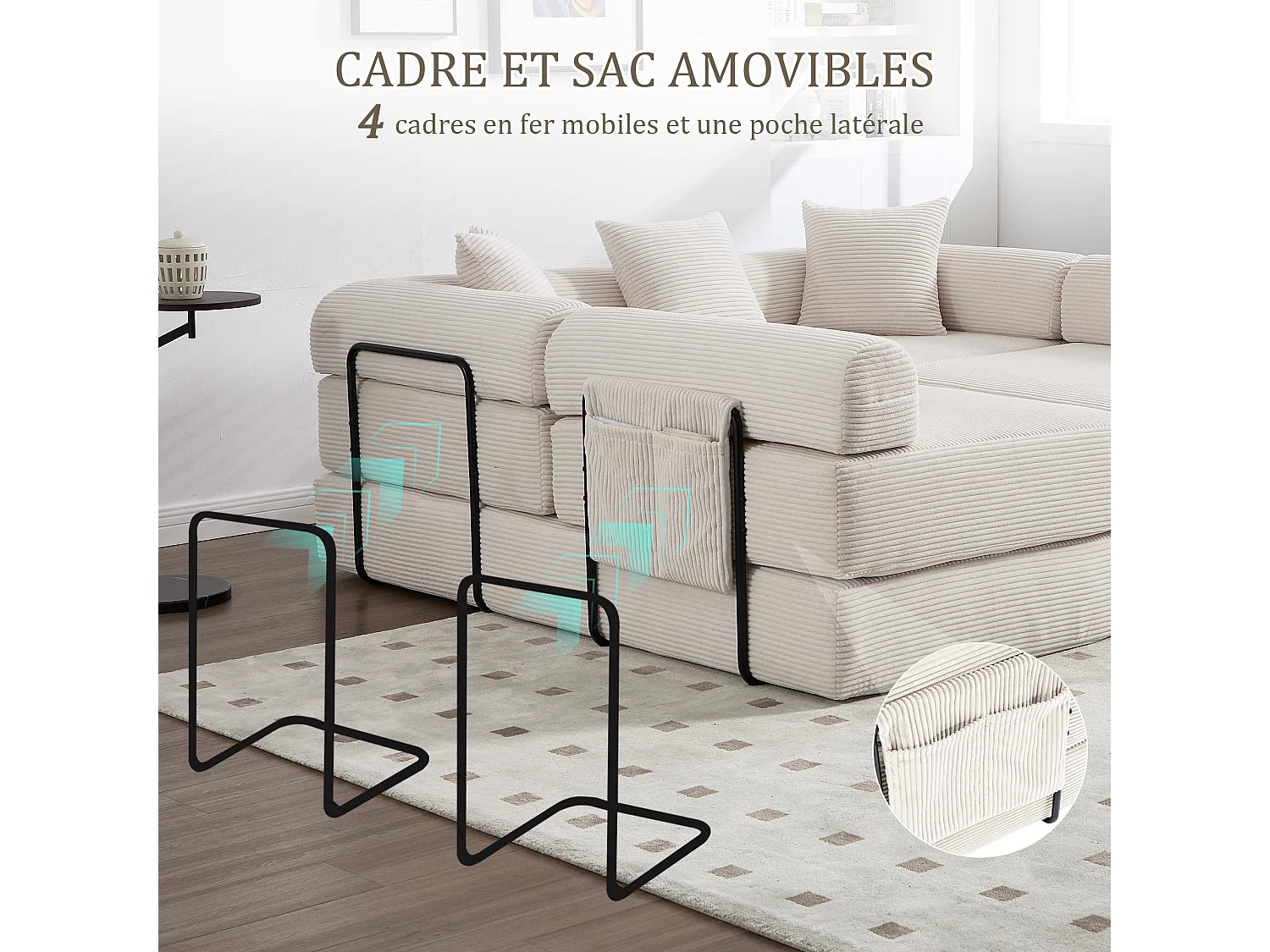 Canapé Compressé Modulable Convertible 5 places Gris en Tissu chenille - Kaleido