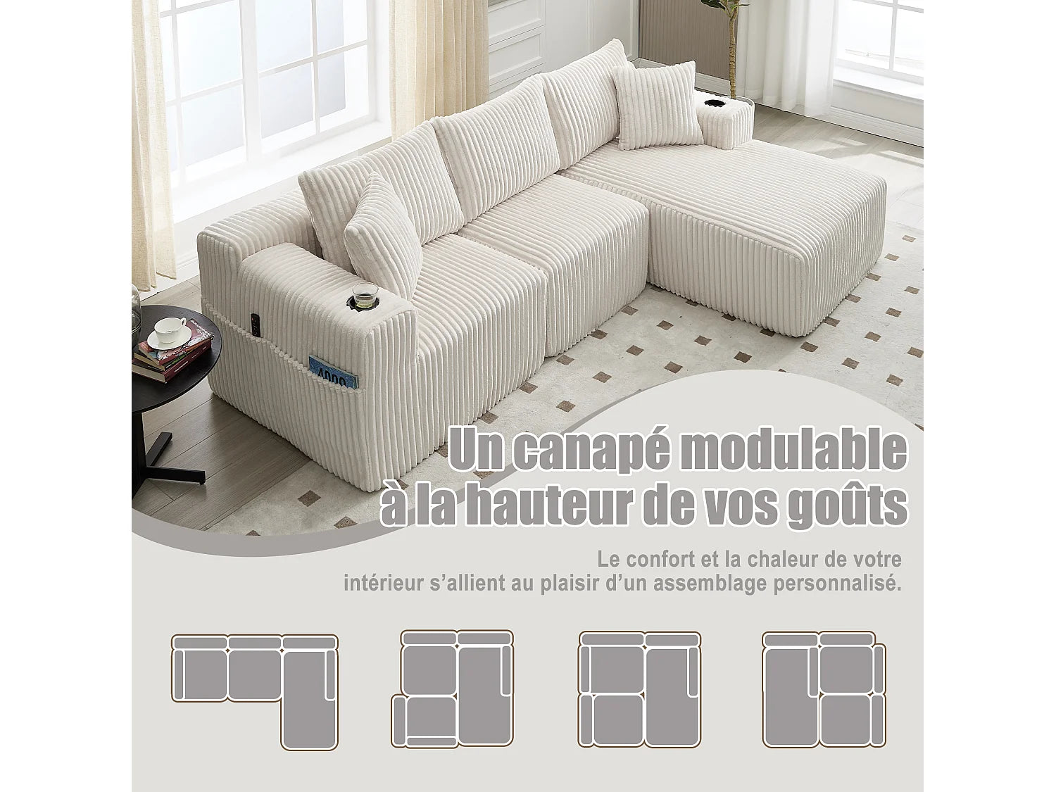 Canapé Compressé d'Angle Modulable Convertible 3 places Beige - LVHOM