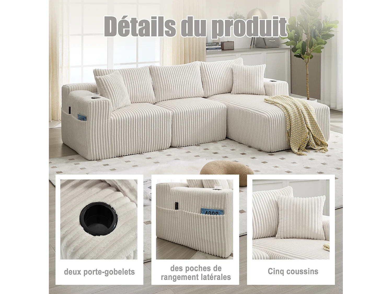 Canapé Compressé d'Angle Modulable Convertible 3 places Beige - LVHOM