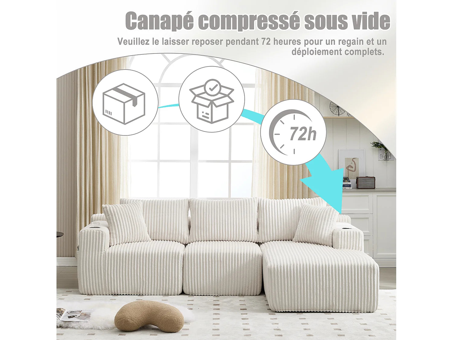 Canapé Compressé d'Angle Modulable Convertible 3 places Beige - LVHOM