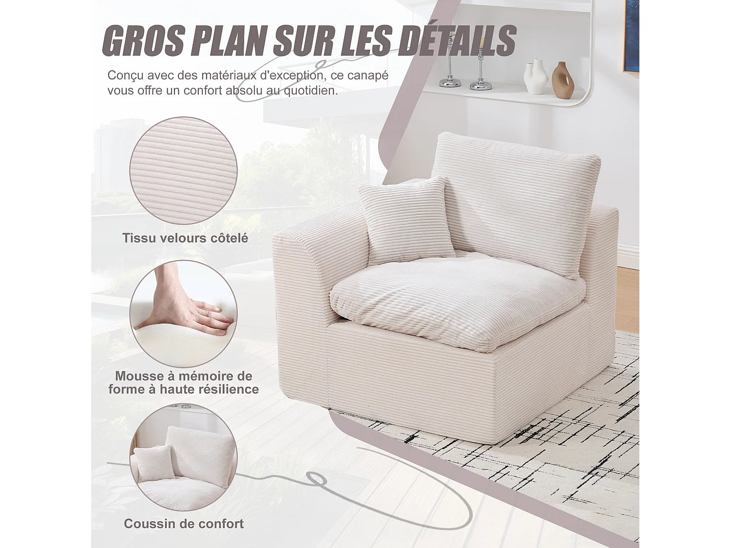 Fauteuil Compressé Modulable 1 place Beige en Velours côtelé - Câlin