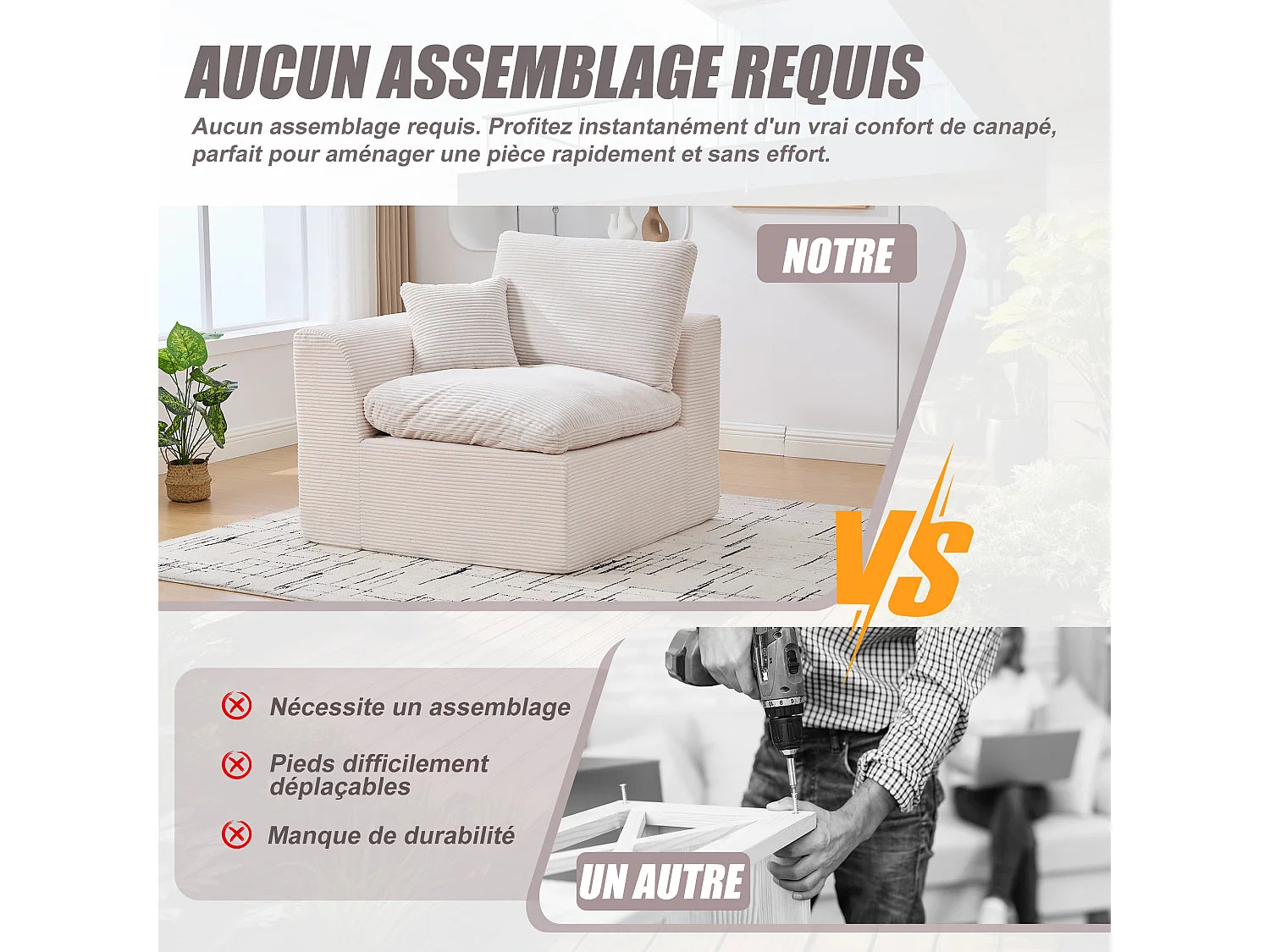 Fauteuil Compressé Modulable 1 place Beige en Velours côtelé - Câlin