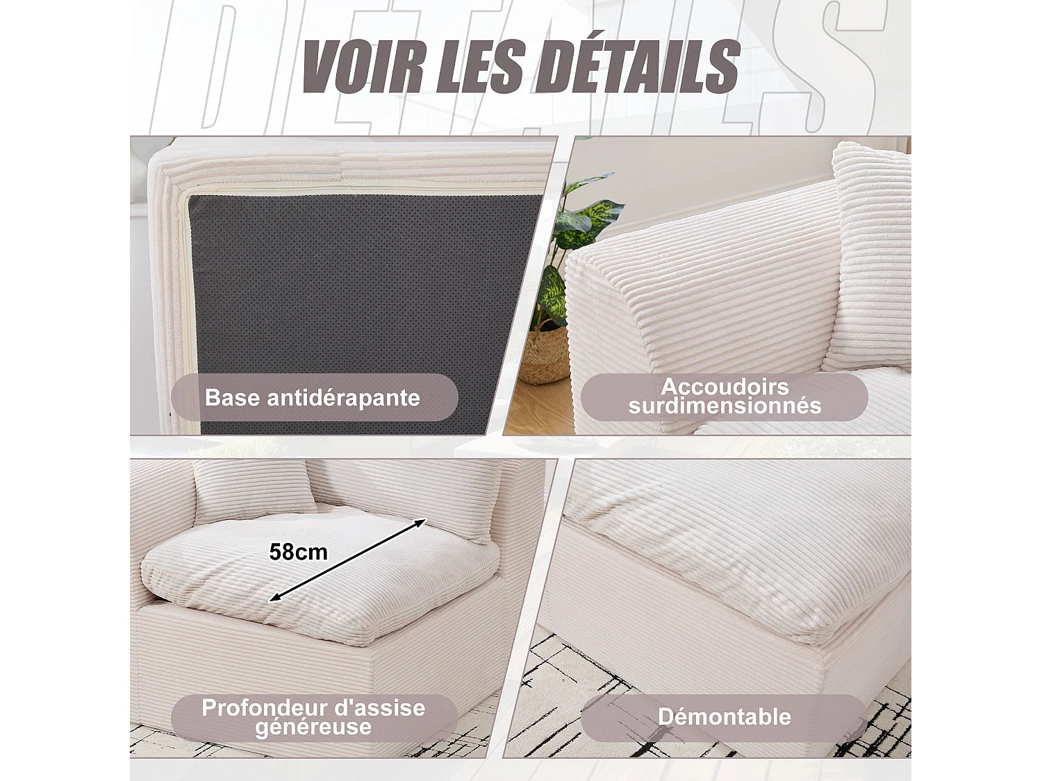 Fauteuil Compressé Modulable 1 place Beige en Velours côtelé - Câlin