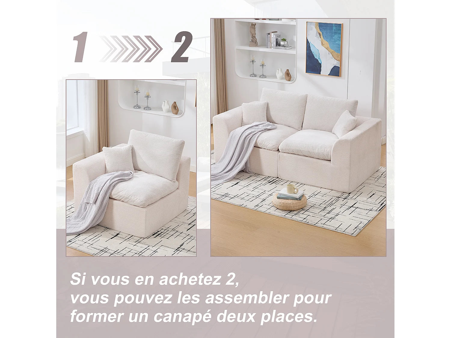 Fauteuil Compressé Modulable 1 place Beige en Velours côtelé - Câlin