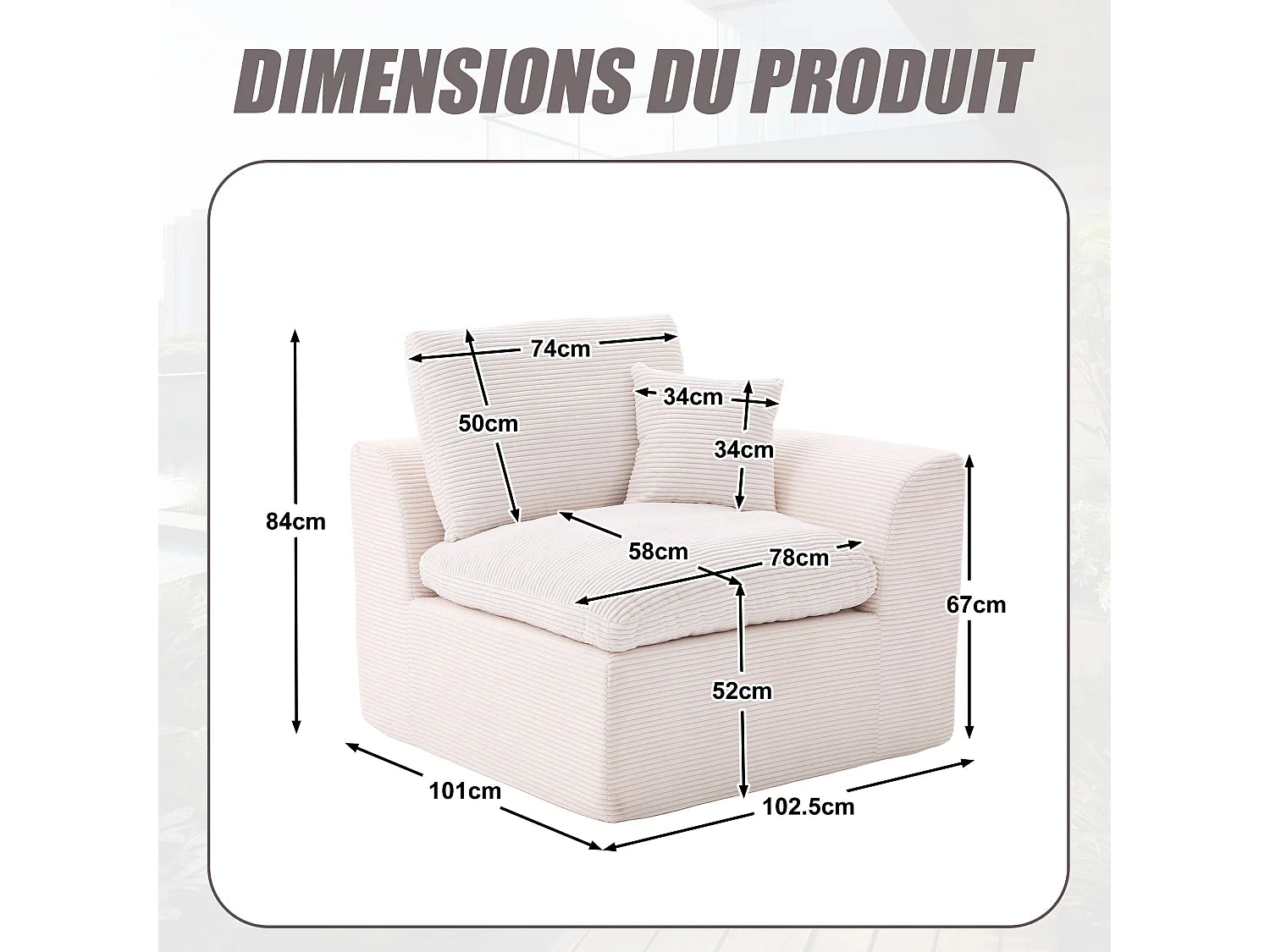 Fauteuil Compressé Modulable 1 place Beige en Velours côtelé - Câlin