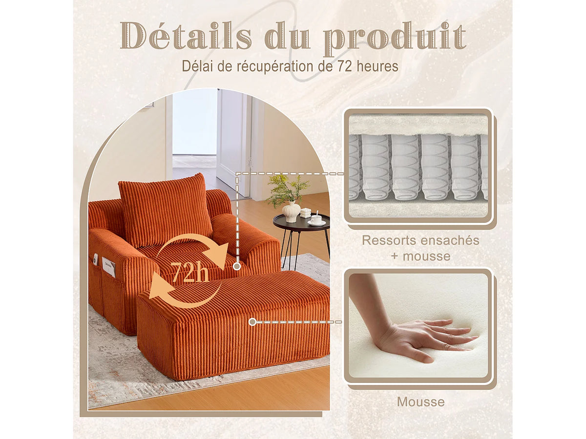 Fauteuil Compressé 1 place Orange en Velours côtelé - LVHOM