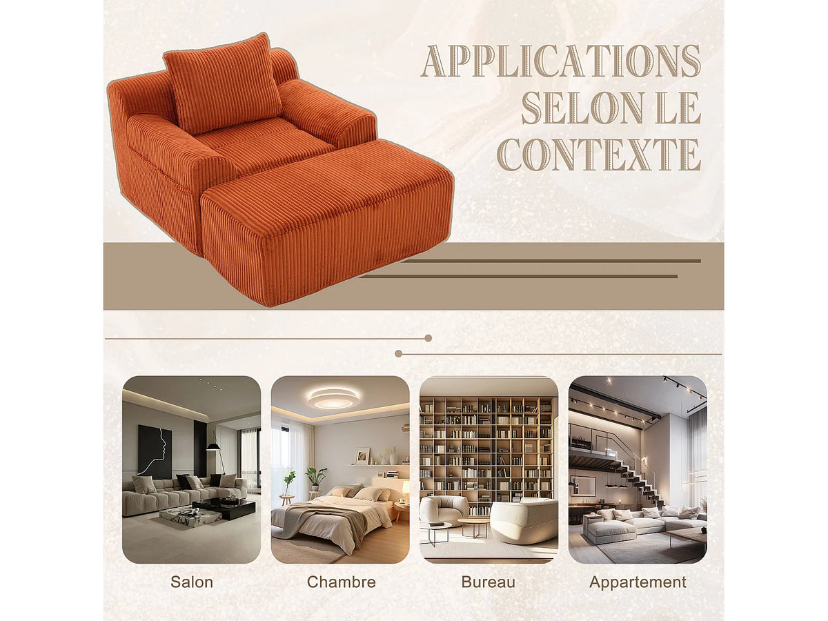 Fauteuil Compressé 1 place Orange en Velours côtelé - LVHOM