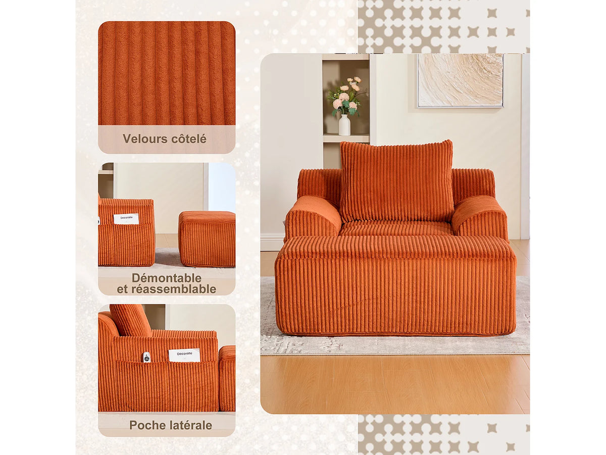 Fauteuil Compressé 1 place Orange en Velours côtelé - LVHOM