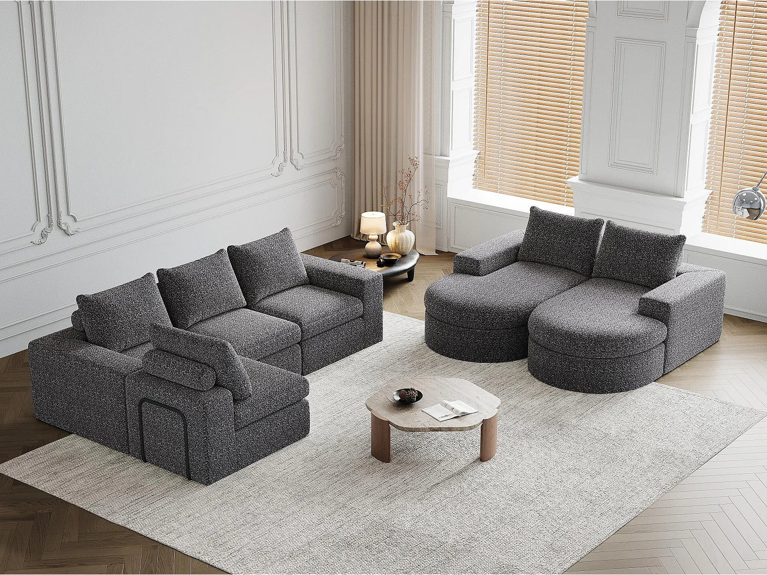 Canapé Compressé d'Angle Modulable 6 places Gris en Tissu chenille - Kaleido