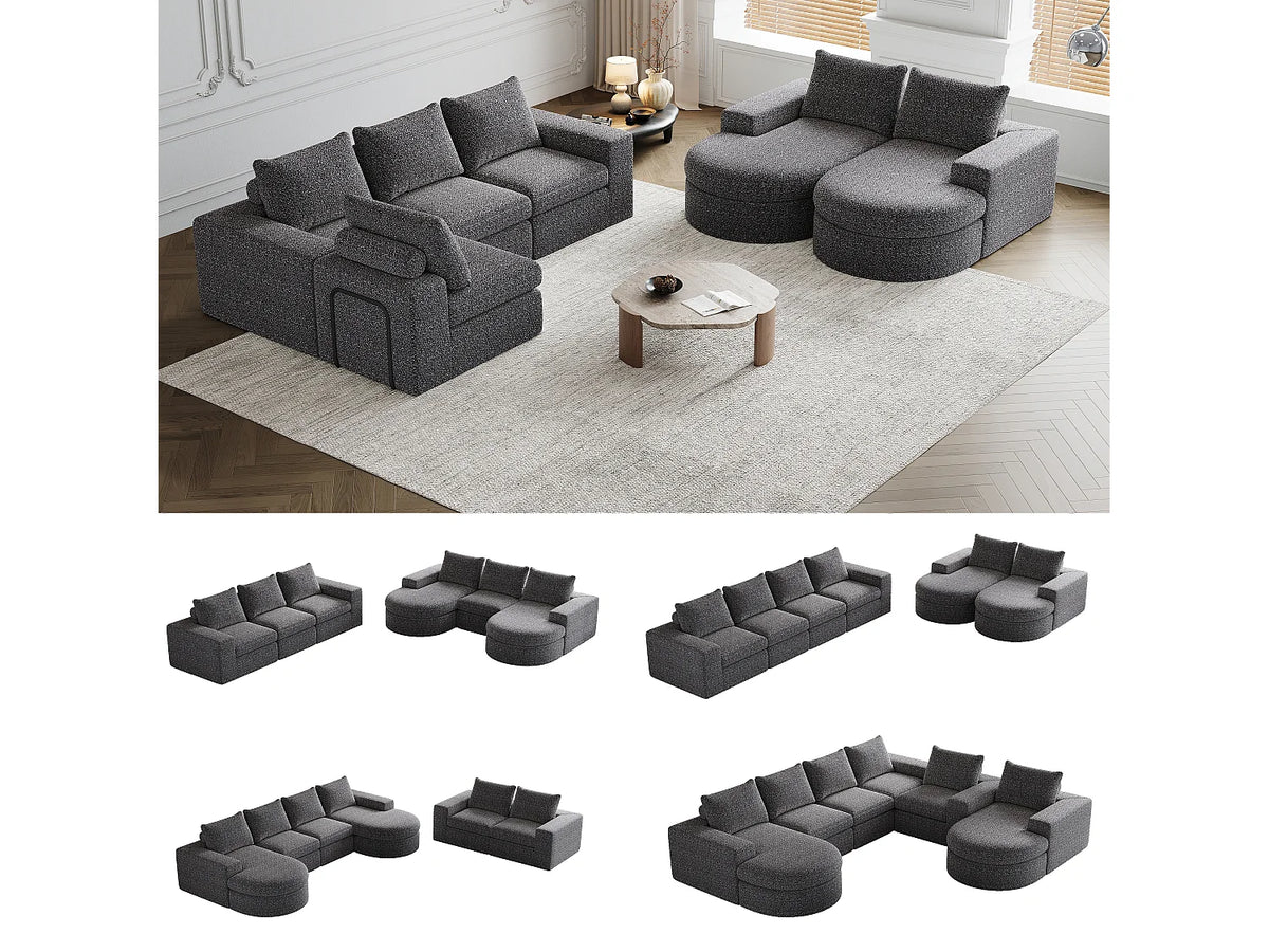 Canapé Compressé d'Angle Modulable 6 places Gris en Tissu chenille - Kaleido