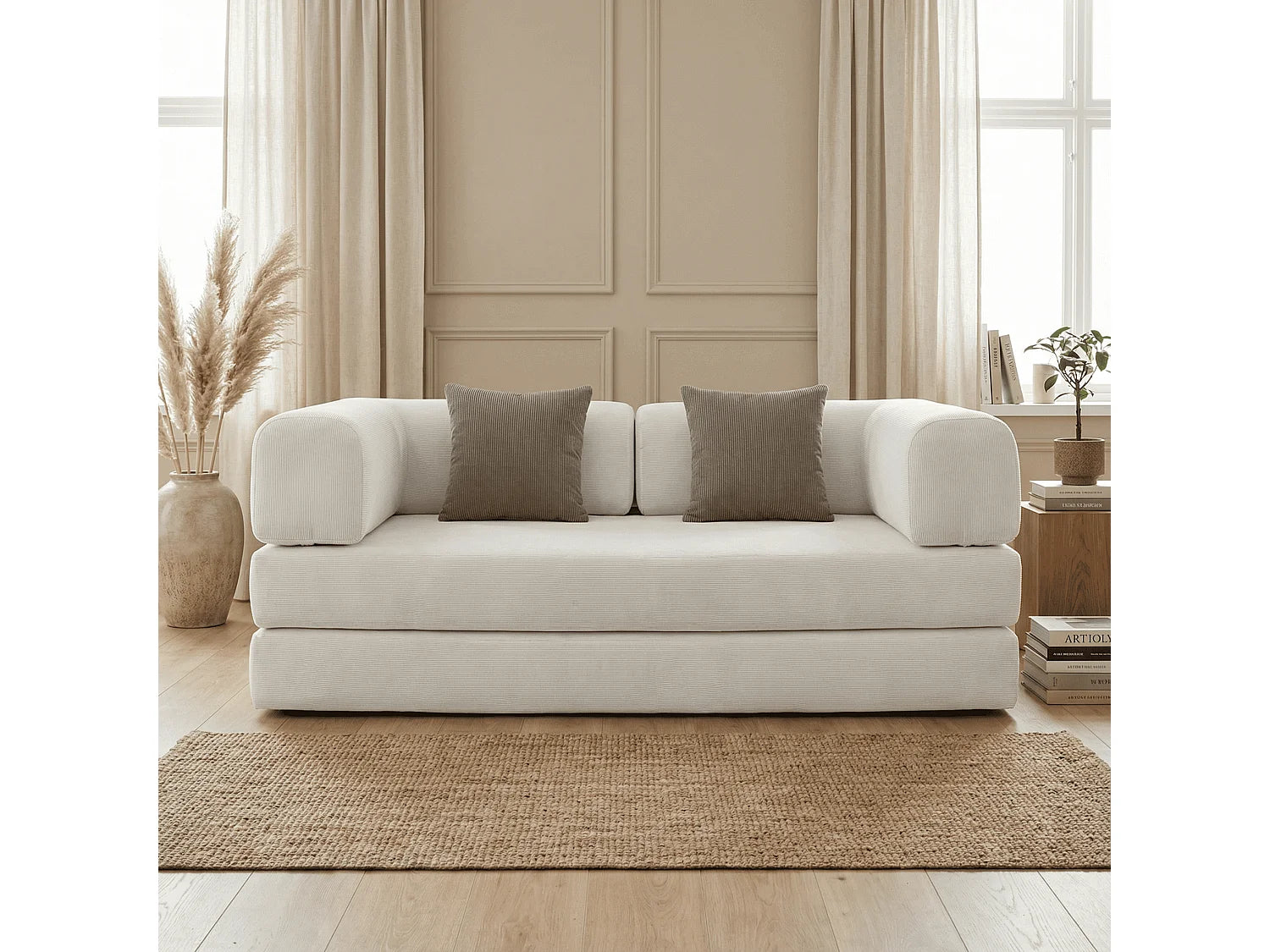 Canapé Compressé Convertible 2 places Blanc & Marron en Tissu - Kaia