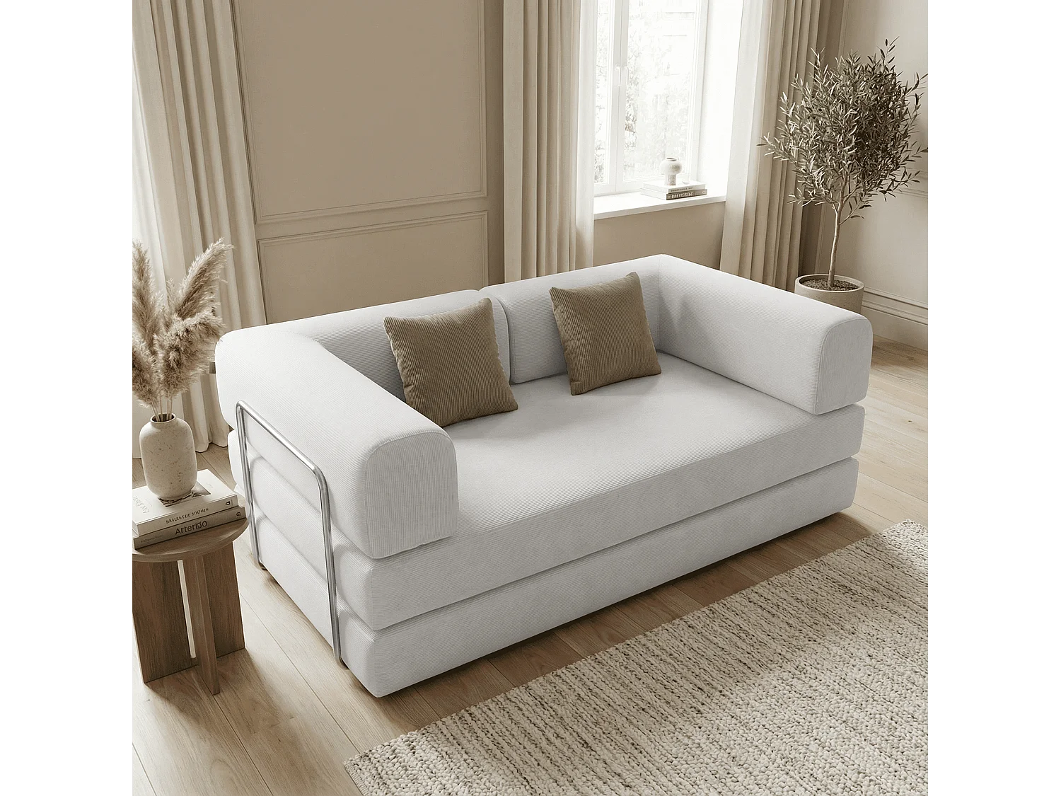 Canapé Compressé Convertible 2 places Blanc & Marron en Tissu - Kaia