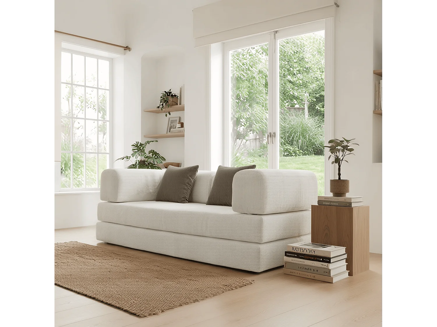 Canapé Compressé Convertible 2 places Blanc & Marron en Tissu - Kaia
