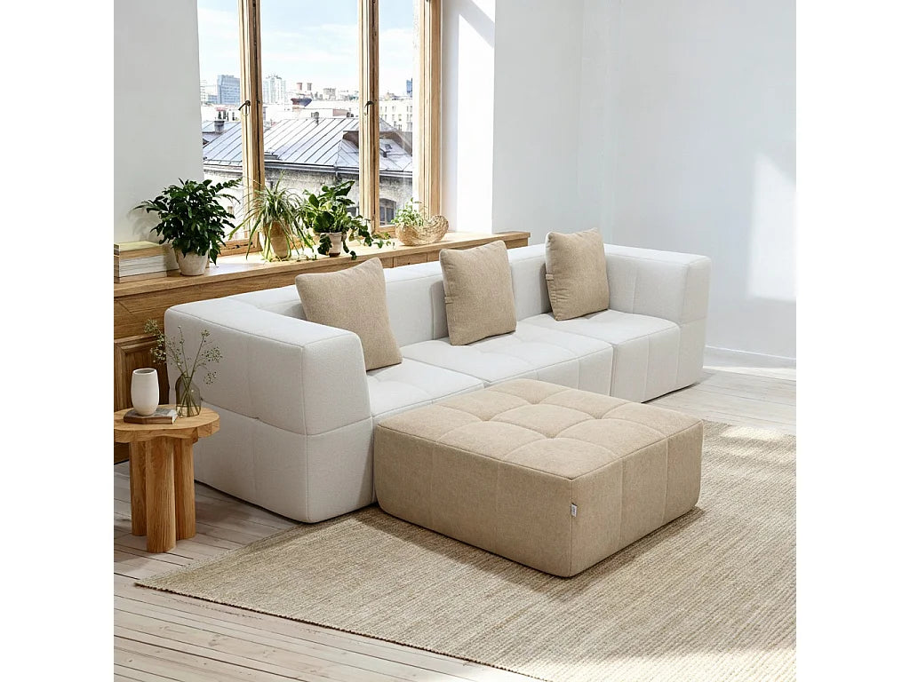 Canapé Compressé Convertible 3 places Blanc & Sable en Flanelle - Eden