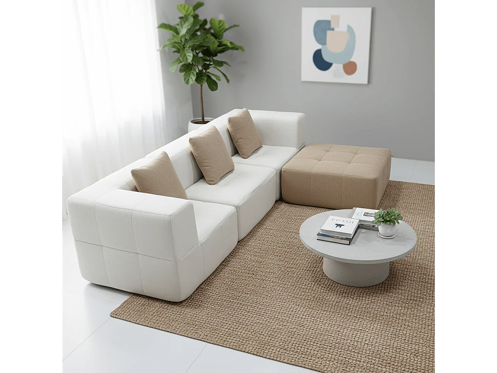 Canapé Compressé Convertible 3 places Blanc & Sable en Flanelle - Eden