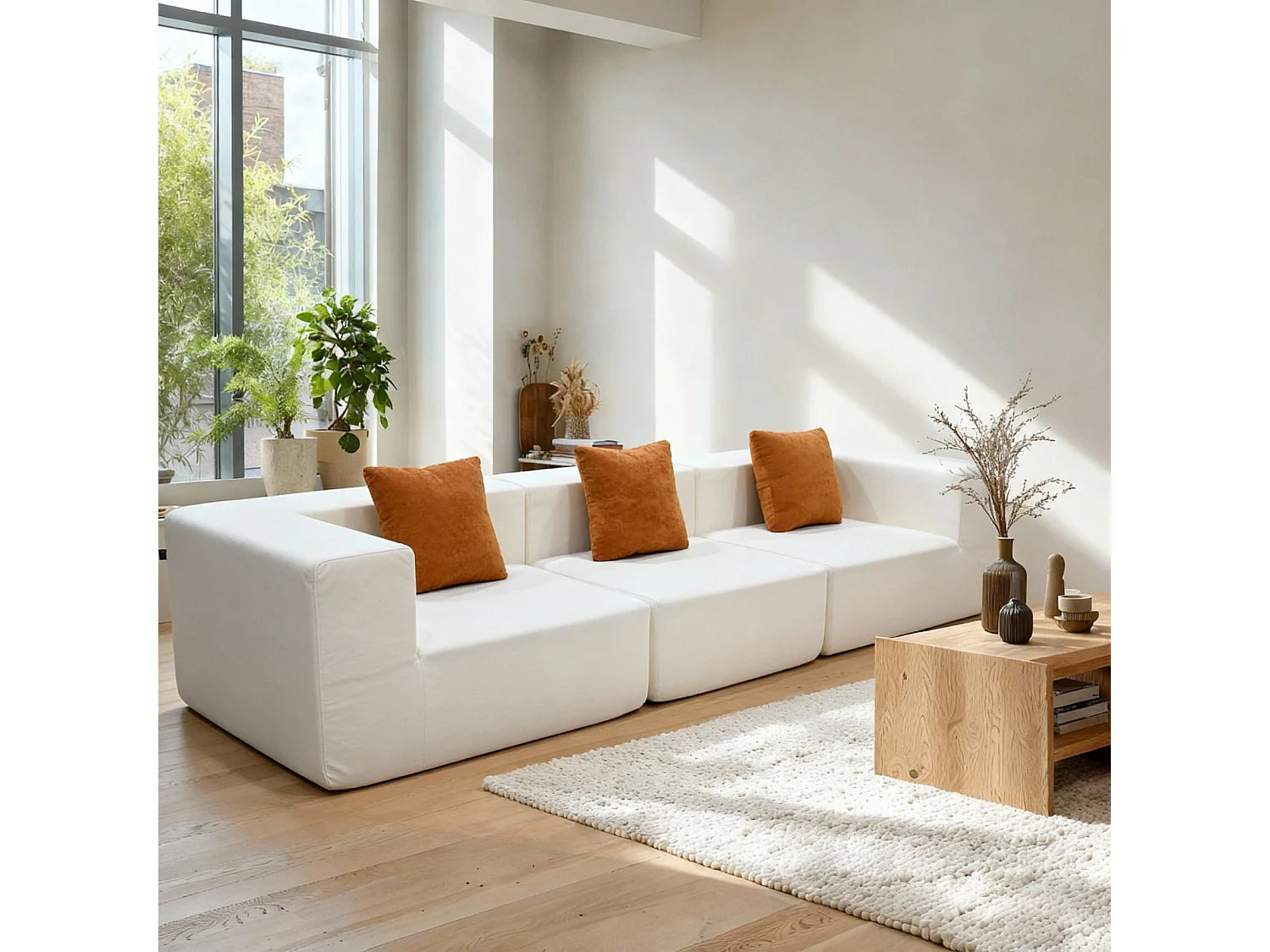 Canapé Compressé 3 places Blanc & orange en Flanelle - Pure
