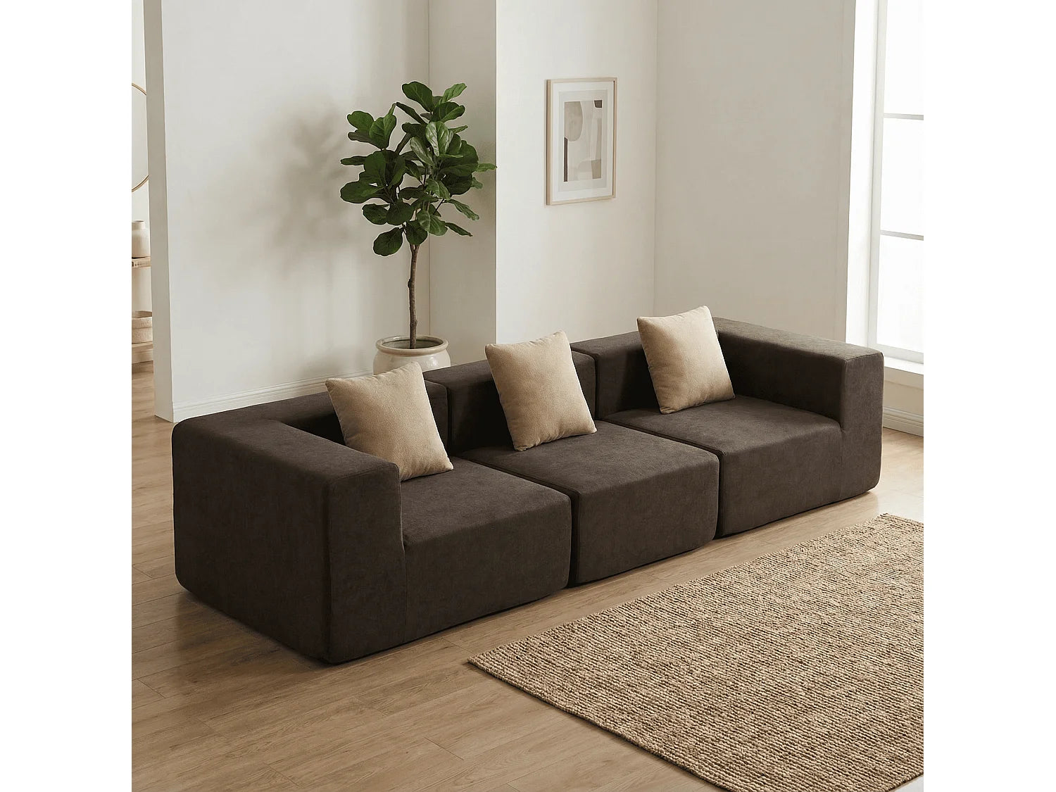 Canapé Compressé 3 places Chocolat & beige en Flanelle - Pure