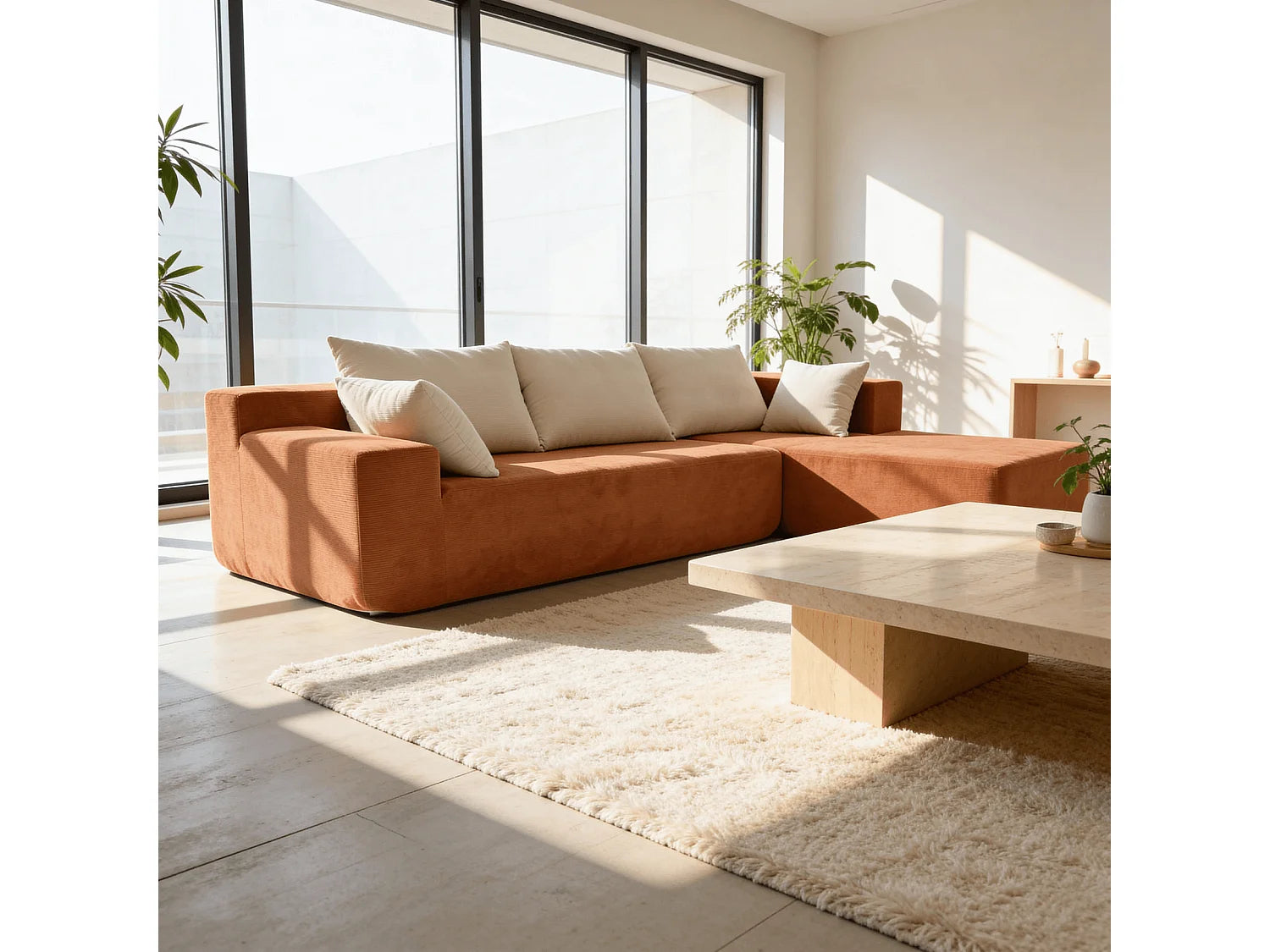 Canapé Compressé d'Angle 3 places Orange & Blanc en Tissu - Luna