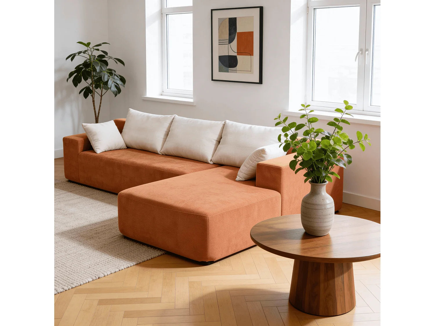 Canapé Compressé d'Angle 3 places Orange & Blanc en Tissu - Luna