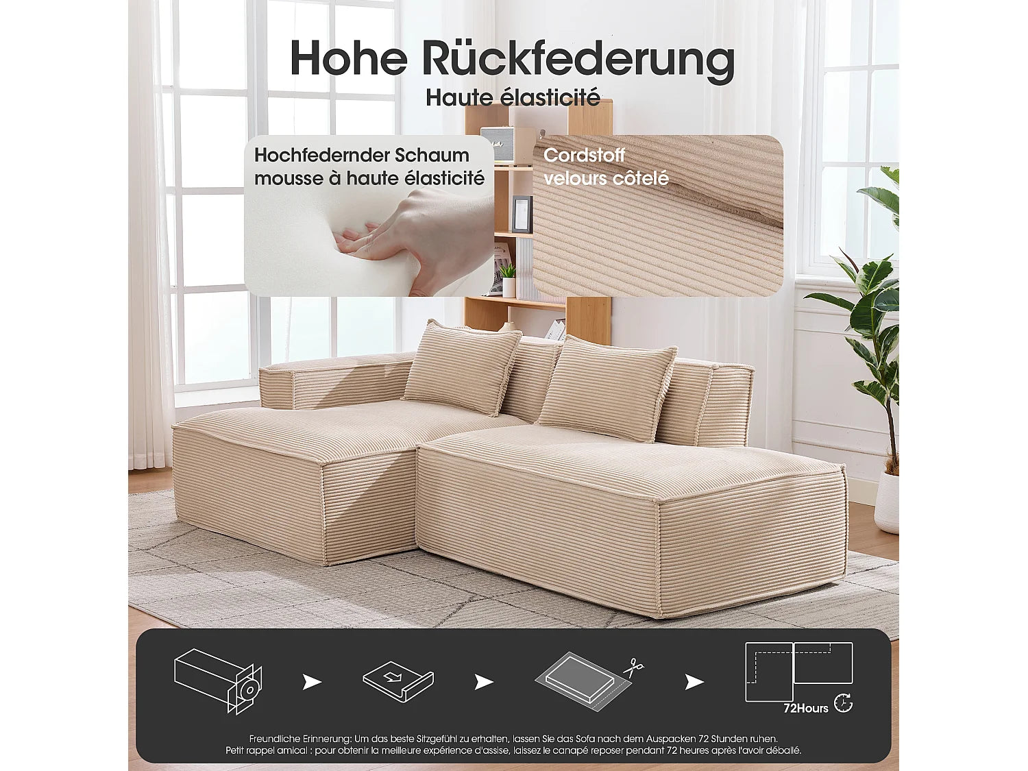 Canapé Compressé d'Angle Modulable Kaki en Velours côtelé - LVHOM