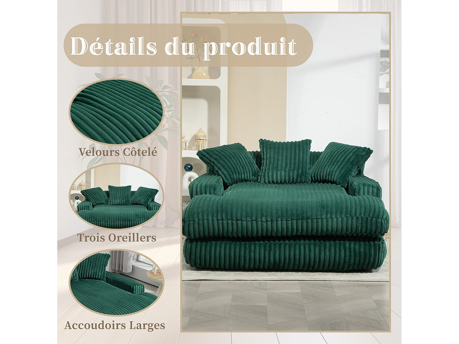 Canapé Compressé 2 places Vert en Velours côtelé - LVHOM