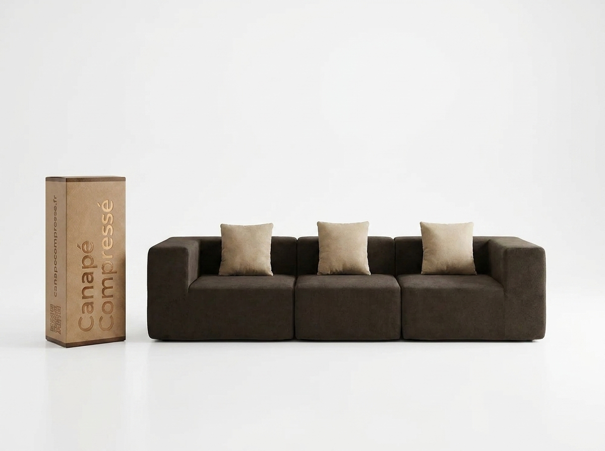 Canapé Compressé 3 places Chocolat & beige en Flanelle - Pure