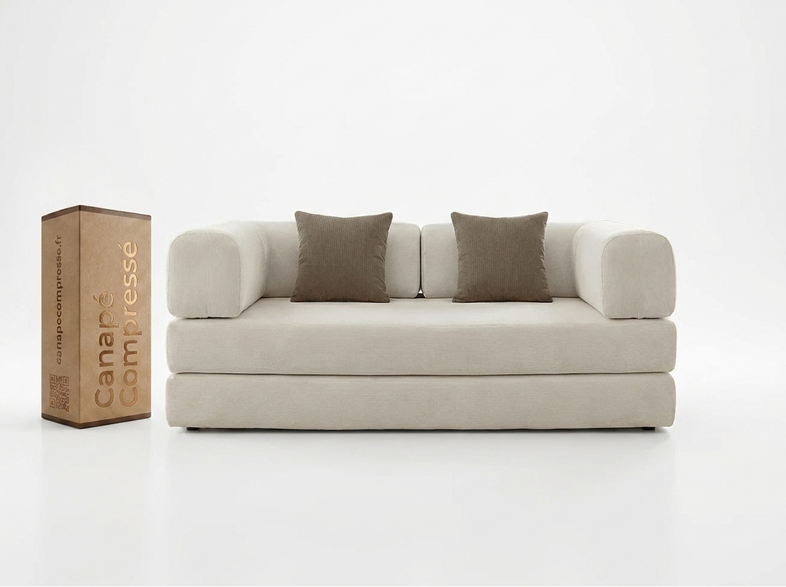 Canapé Compressé Convertible 2 places Blanc & Marron en Tissu - Kaia