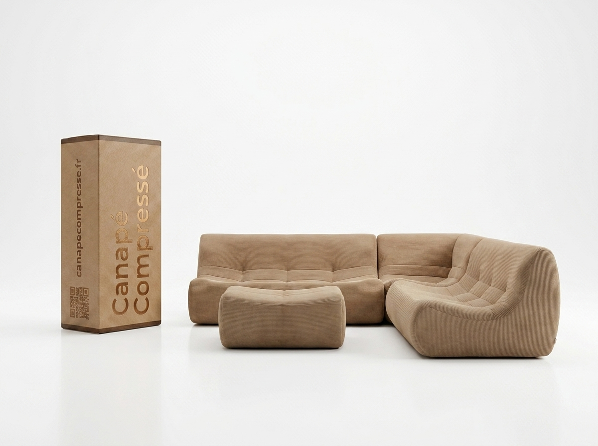 Canapé Compressé d'Angle Modulable 7 places en velours côtelé Beige - SWEEEK