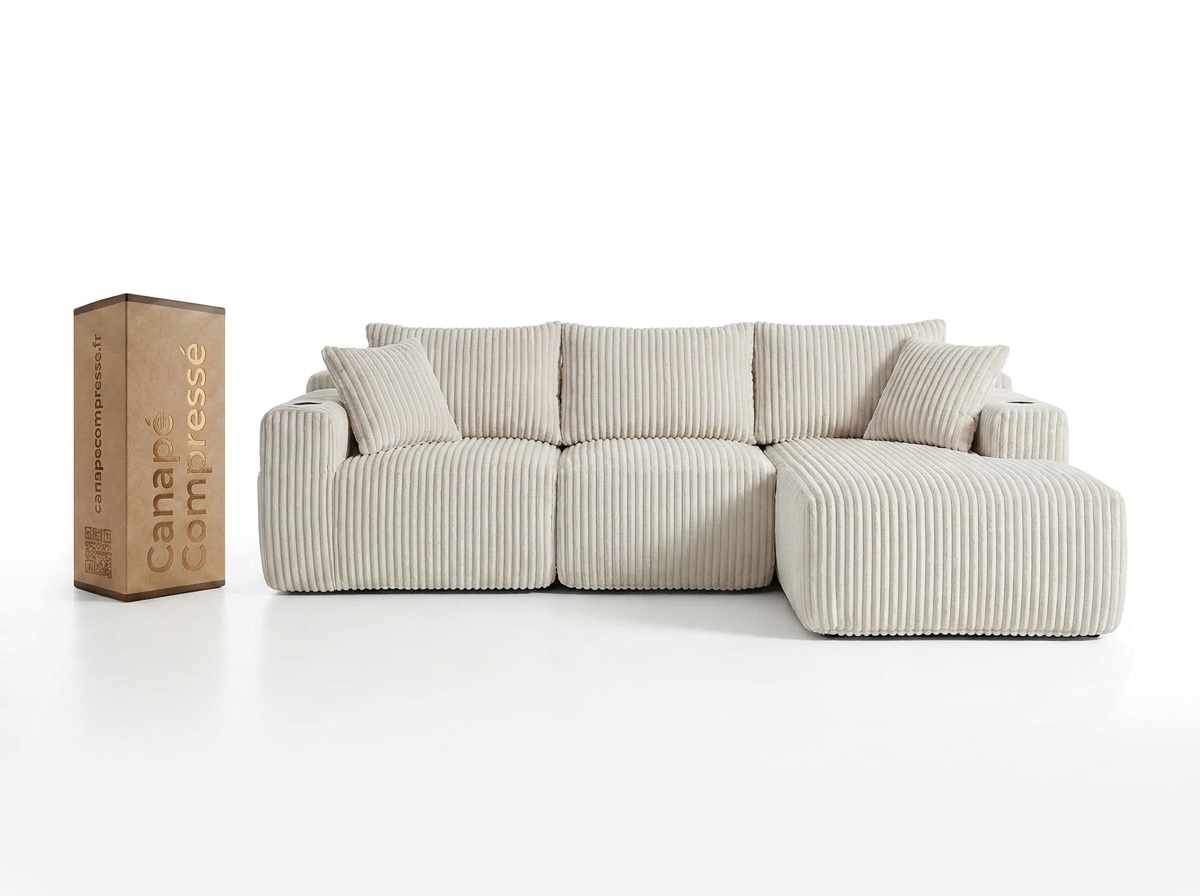 Canapé Compressé d'Angle Modulable Convertible 3 places en Velours côtelé Beige - LVHOM