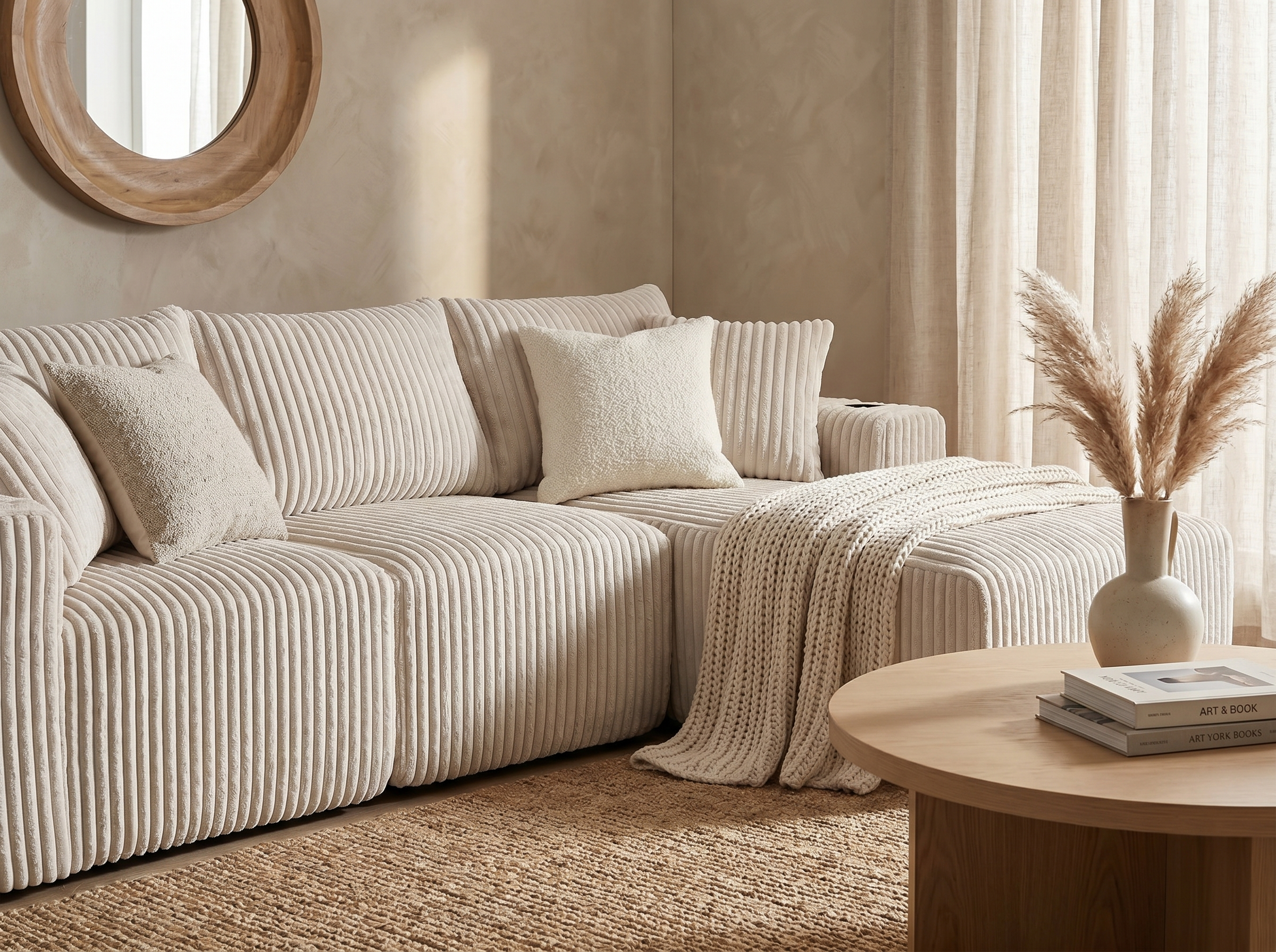 Canapé Compressé d'Angle Modulable Convertible 3 places en Velours côtelé Beige - LVHOM