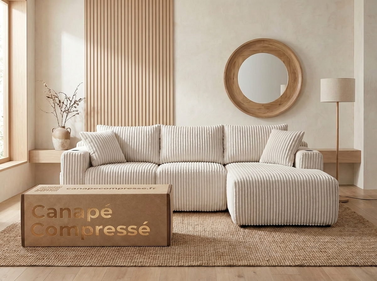 Canapé Compressé d'Angle Modulable Convertible 3 places en Velours côtelé Beige - LVHOM