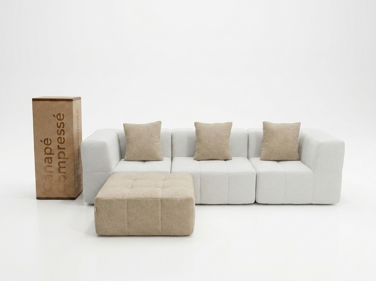 Canape Compressé Convertible 3 places Blanc & Sable en Flanelle - Eden