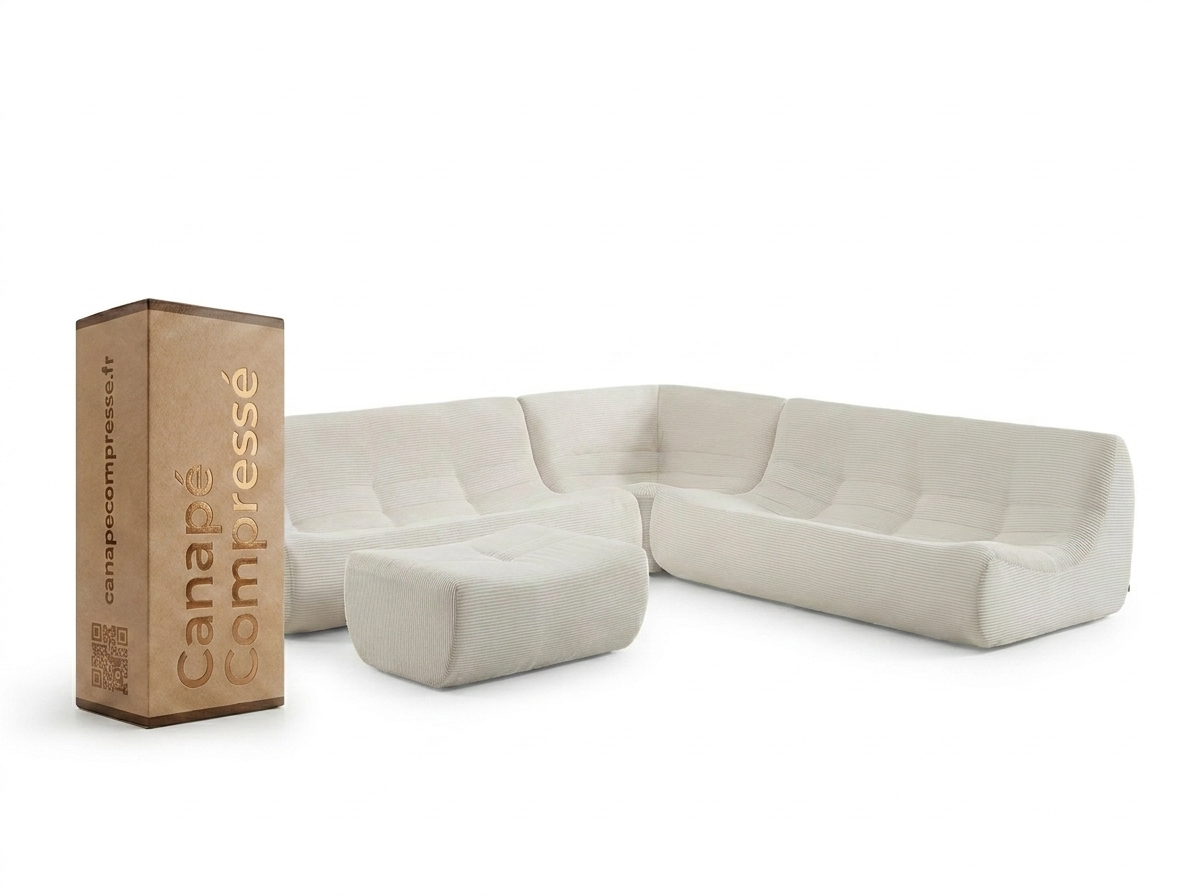 Canapé Compressé Togo d'Angle Modulable 7 places en velours côtelé Blanc - SWEEEK