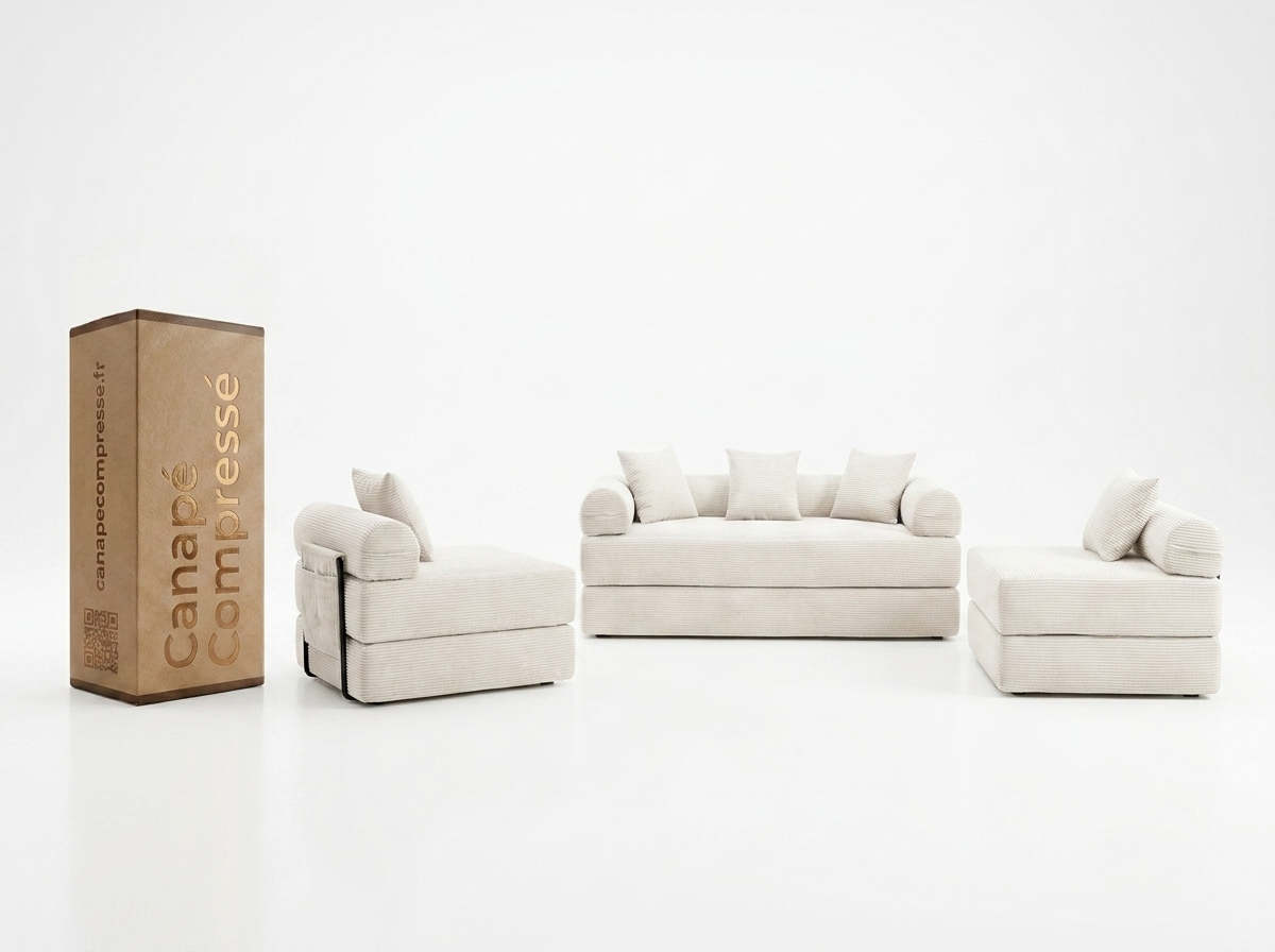 Canapé Compressé Modulable Convertible 5 places Blanc en Tissu chenille - Kaleido